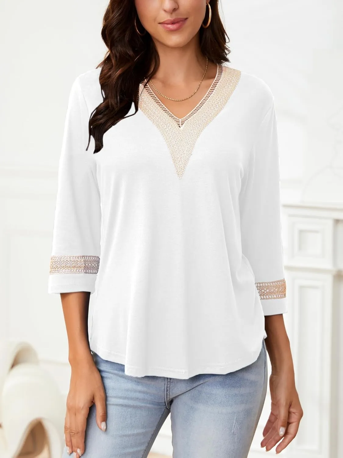 Womens Tops 3/4 Sleeve Shirts Casual Lace V Neck Blouses Loose Fit Dressy Basic T-Shirt