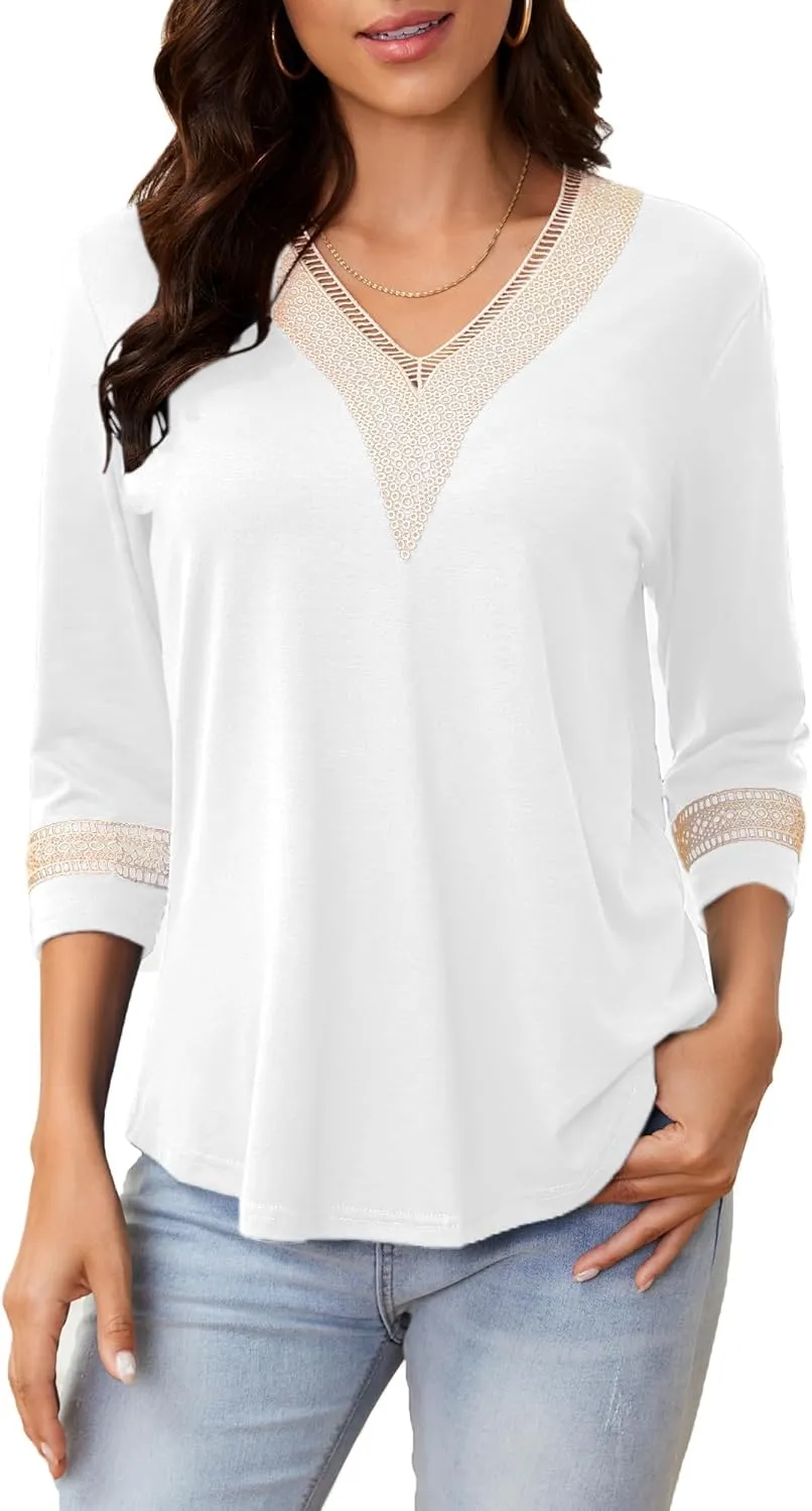 Womens Tops 3/4 Sleeve Shirts Casual Lace V Neck Blouses Loose Fit Dressy Basic T-Shirt