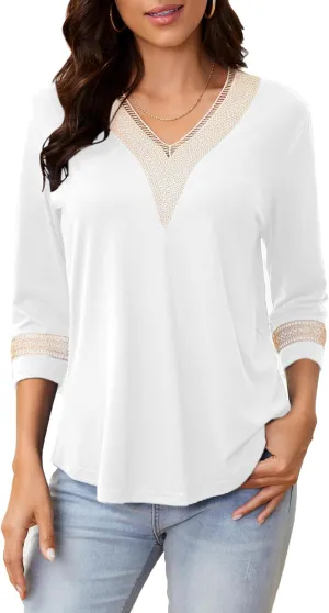Womens Tops 3/4 Sleeve Shirts Casual Lace V Neck Blouses Loose Fit Dressy Basic T-Shirt