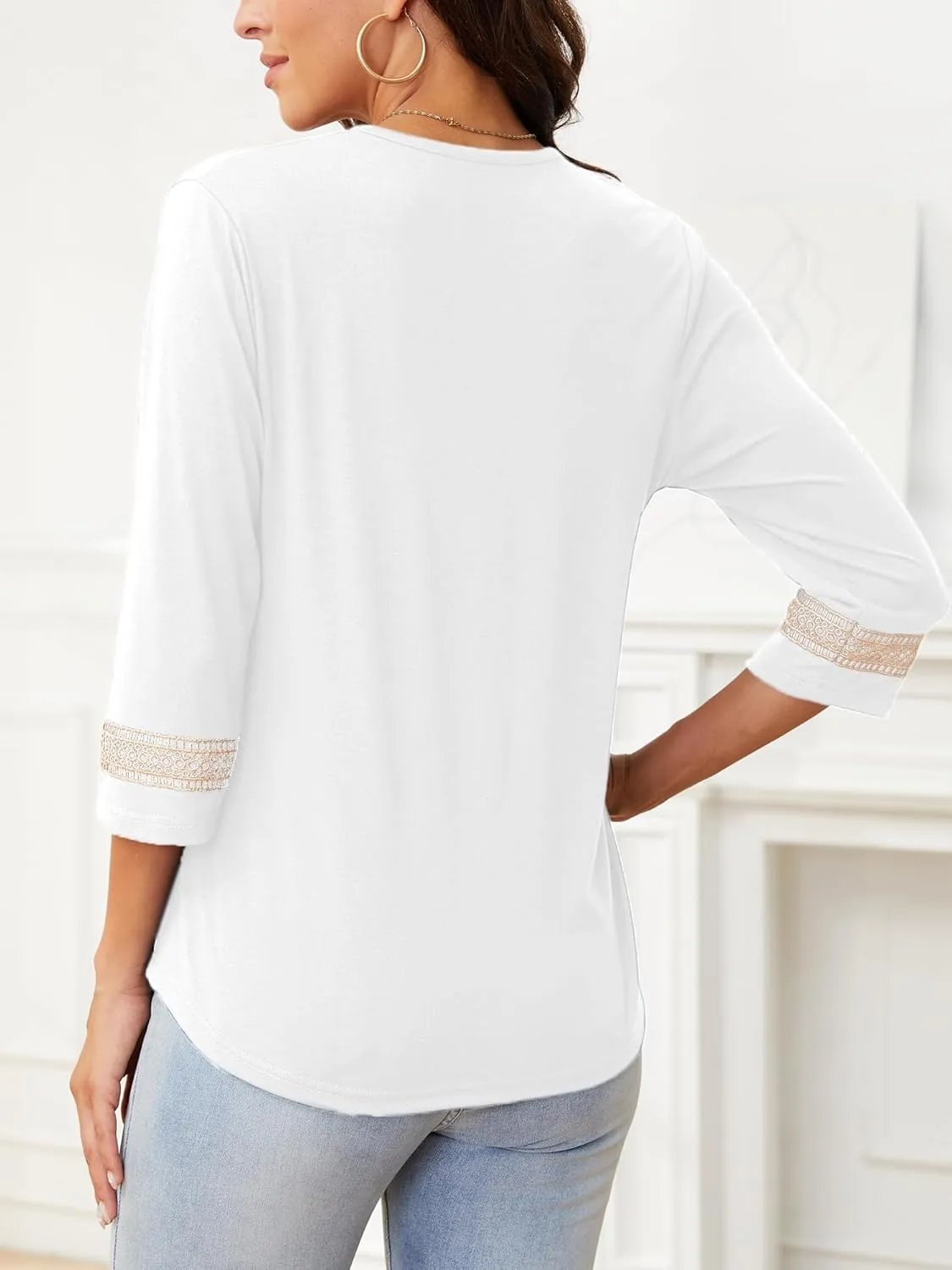 Womens Tops 3/4 Sleeve Shirts Casual Lace V Neck Blouses Loose Fit Dressy Basic T-Shirt
