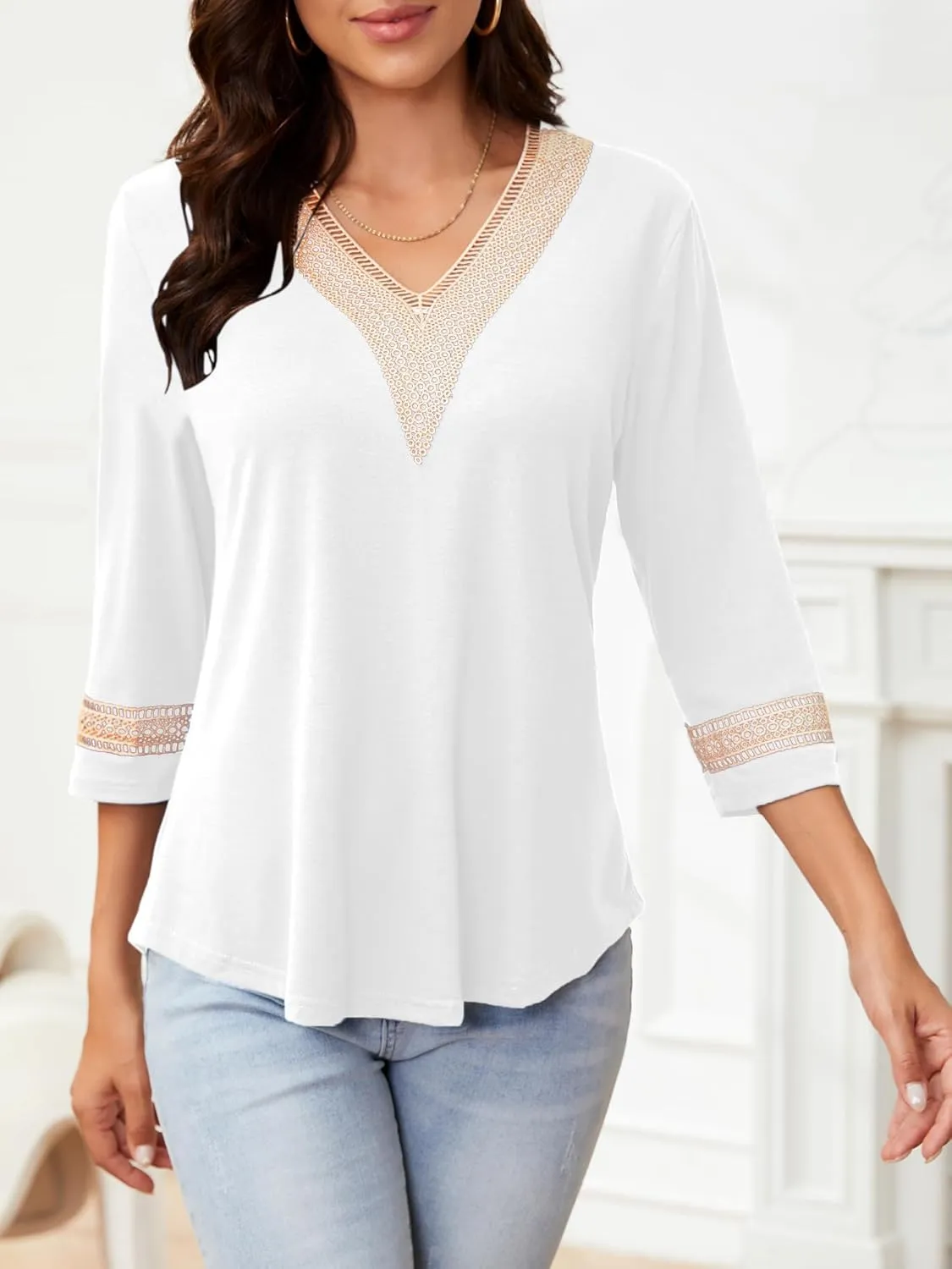 Womens Tops 3/4 Sleeve Shirts Casual Lace V Neck Blouses Loose Fit Dressy Basic T-Shirt