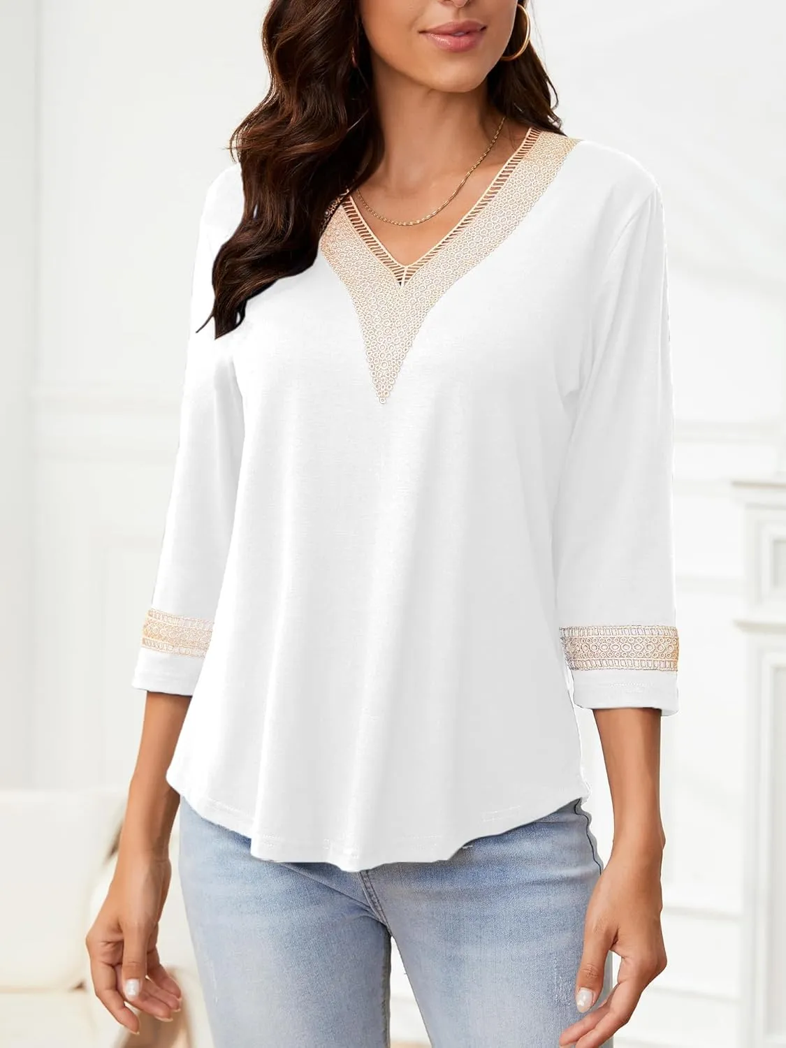 Womens Tops 3/4 Sleeve Shirts Casual Lace V Neck Blouses Loose Fit Dressy Basic T-Shirt