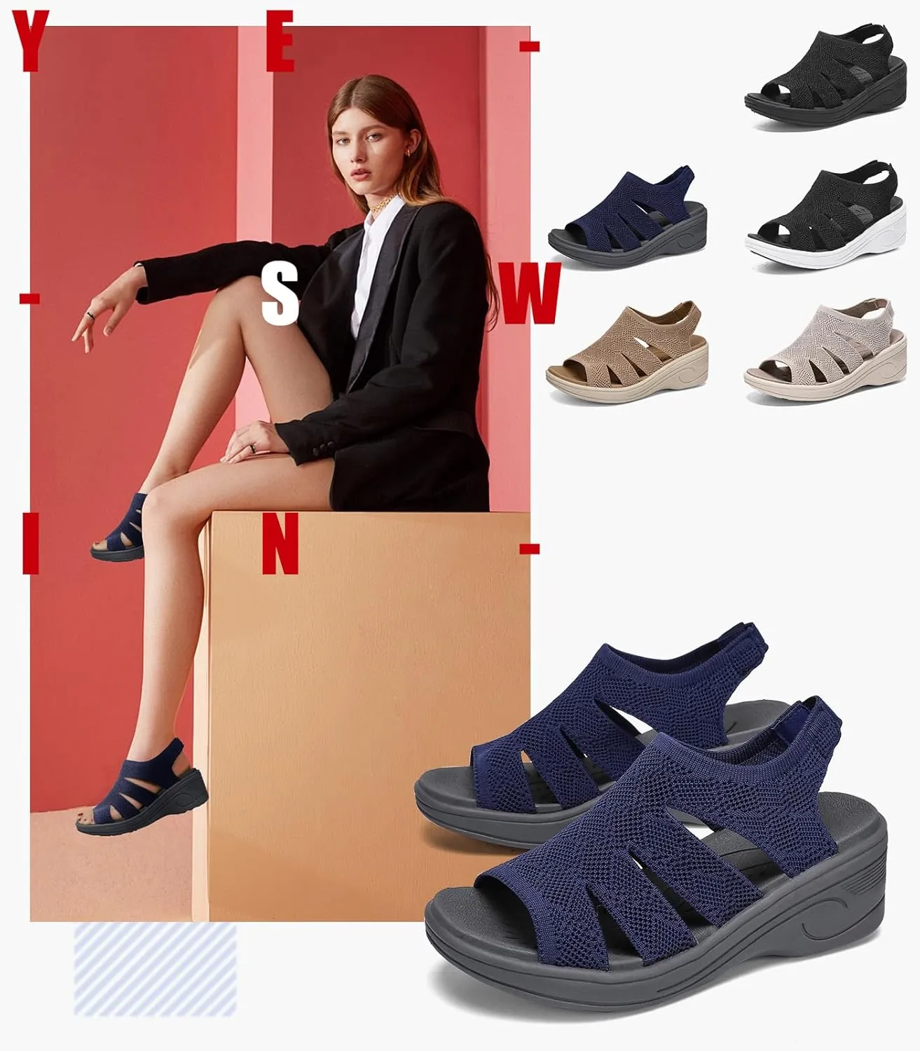 Womens Wedge Sandals Platform Walking Sandals Open Toe Ankle Elastic Strap Casual Comfortable Summer Dressy
