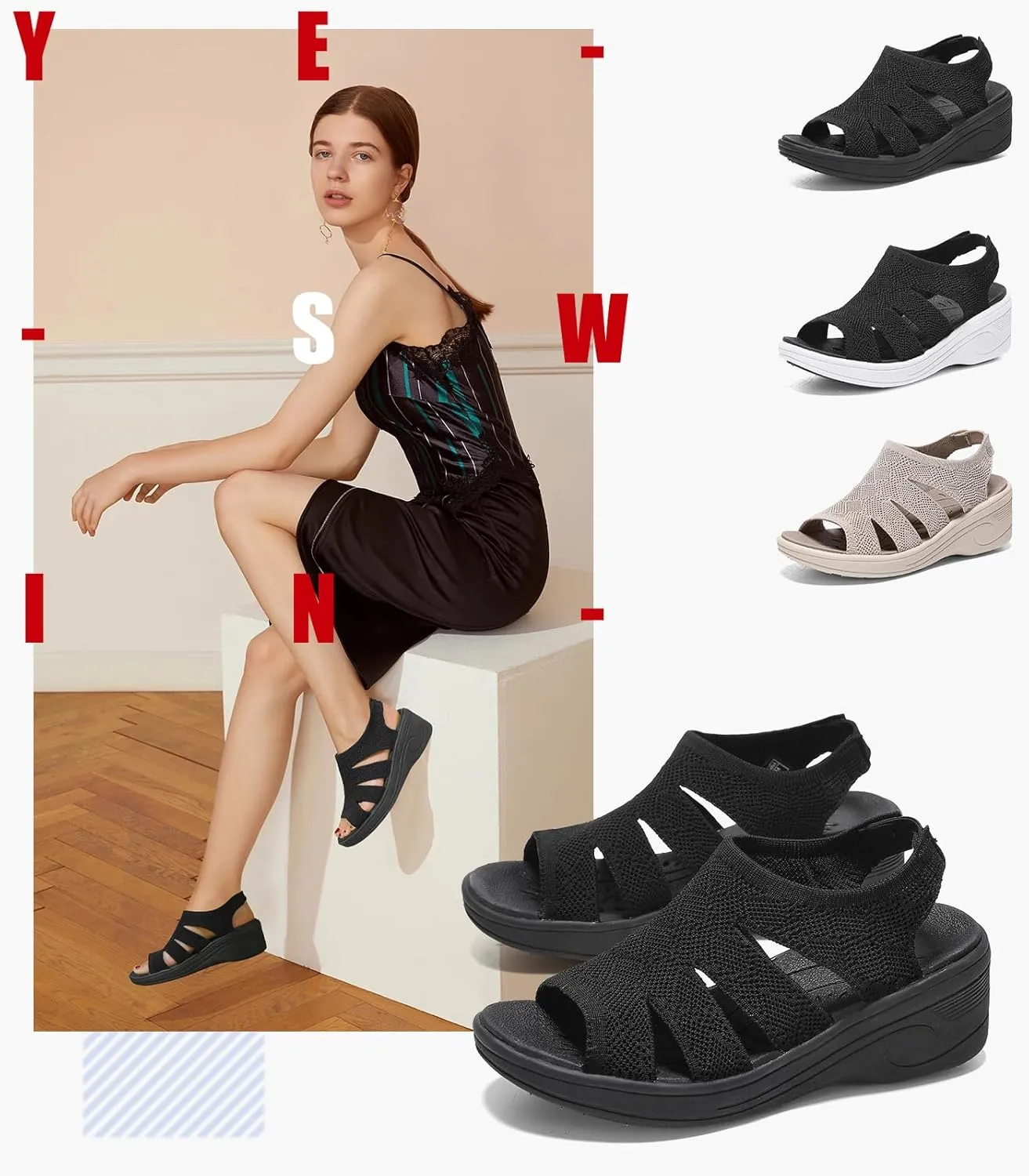 Womens Wedge Sandals Platform Walking Sandals Open Toe Ankle Elastic Strap Casual Comfortable Summer Dressy