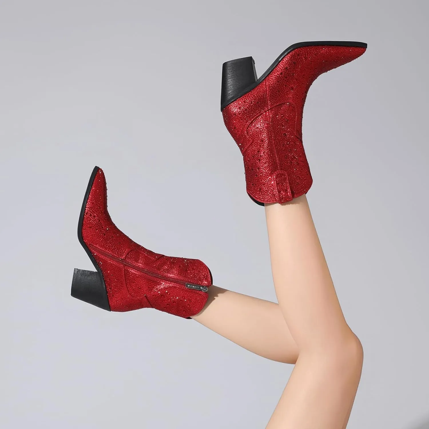 Women's Western Rheinstone Cowboy Boots Block Heel Pointed Toe Flash Ankle Boots for Outdoor Party Side Zip Comfort Booties