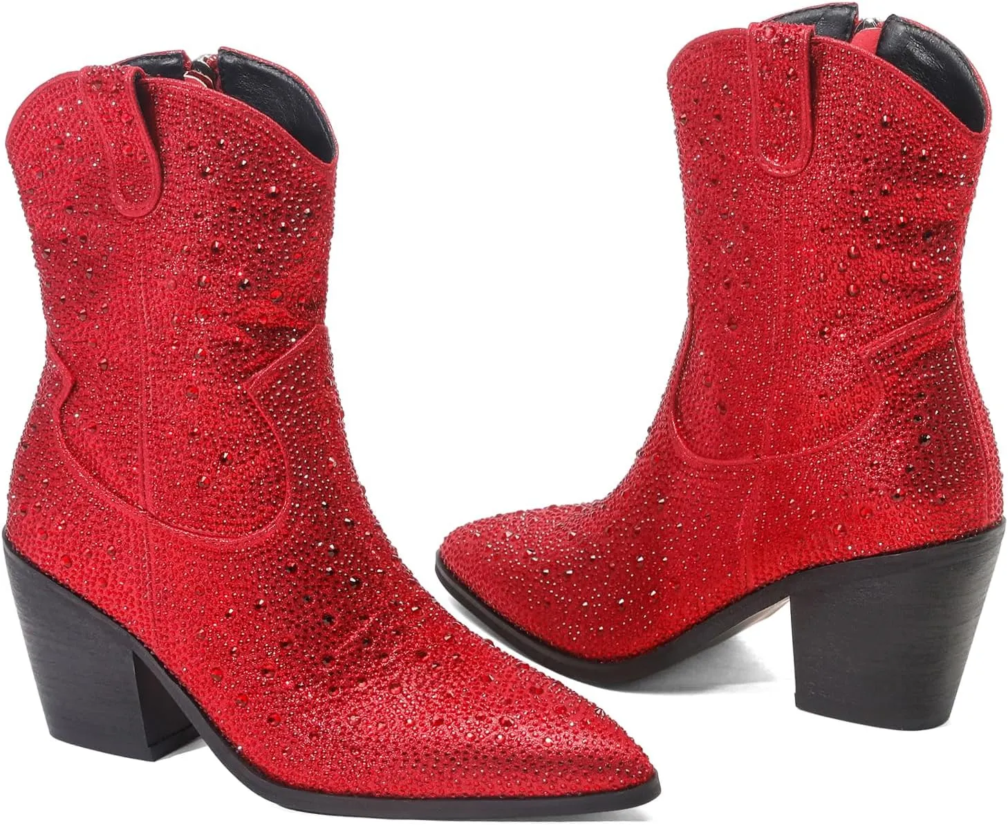 Women's Western Rheinstone Cowboy Boots Block Heel Pointed Toe Flash Ankle Boots for Outdoor Party Side Zip Comfort Booties