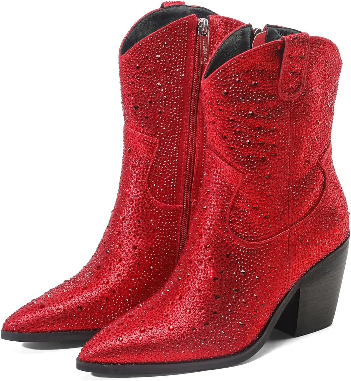 Women's Western Rheinstone Cowboy Boots Block Heel Pointed Toe Flash Ankle Boots for Outdoor Party Side Zip Comfort Booties