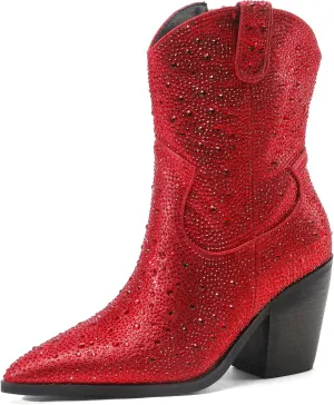 Women's Western Rheinstone Cowboy Boots Block Heel Pointed Toe Flash Ankle Boots for Outdoor Party Side Zip Comfort Booties