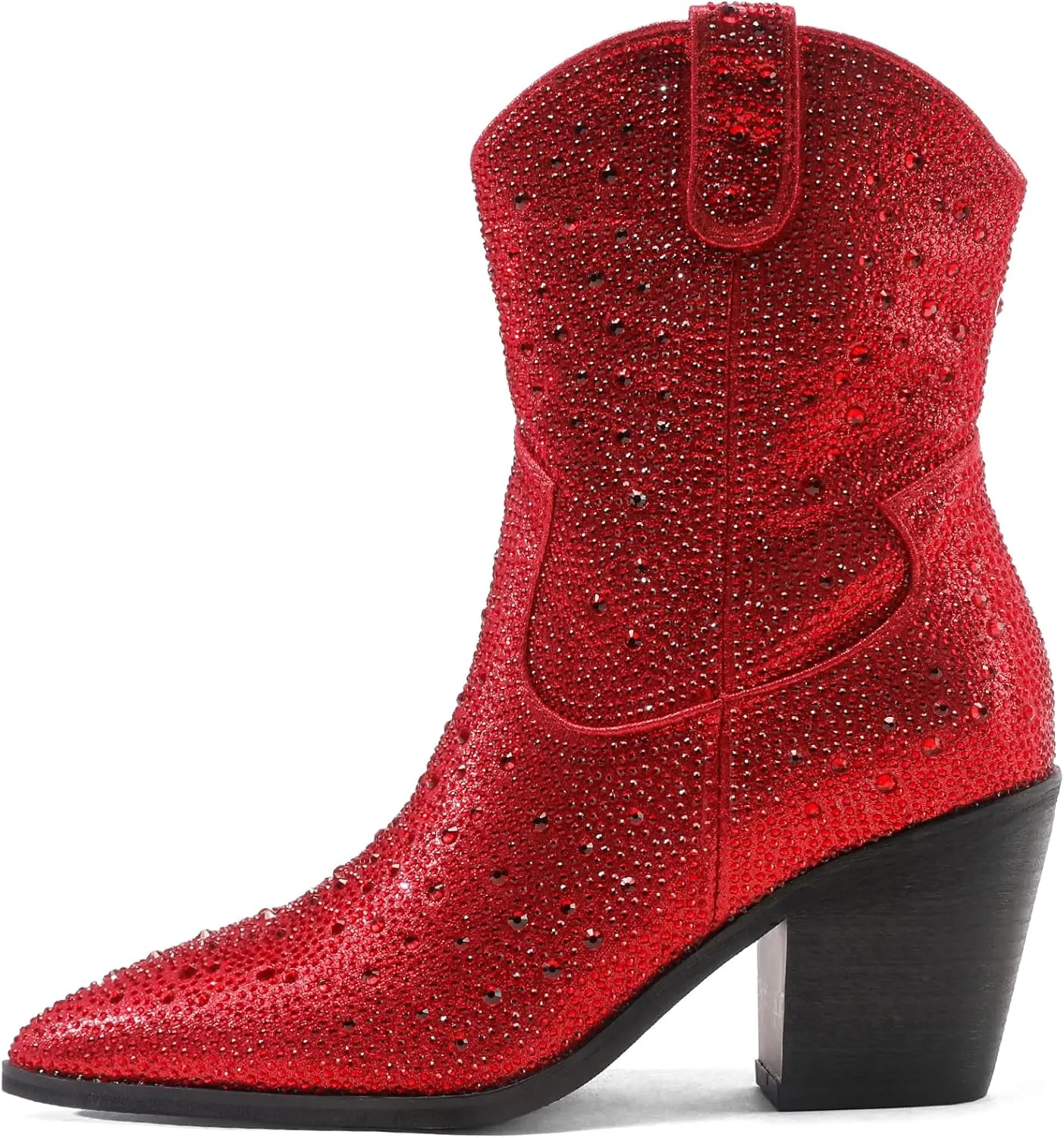 Women's Western Rheinstone Cowboy Boots Block Heel Pointed Toe Flash Ankle Boots for Outdoor Party Side Zip Comfort Booties