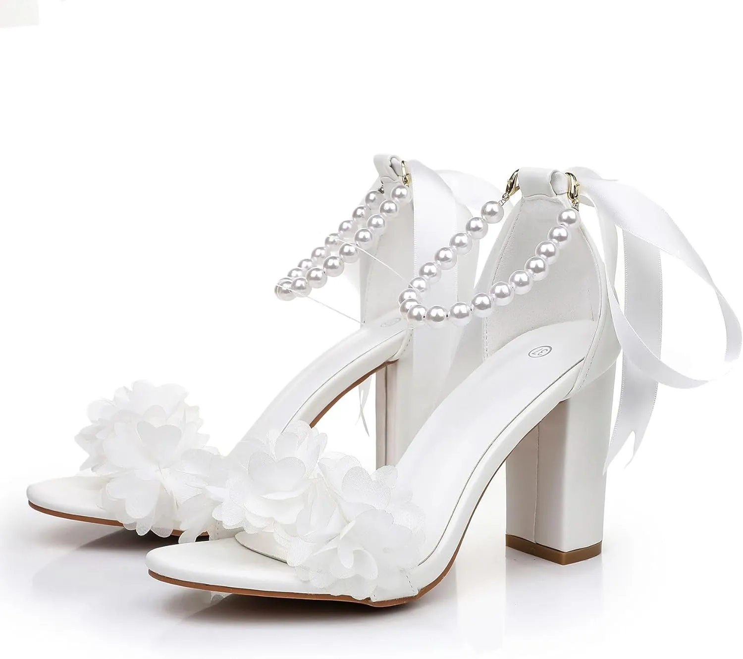 Women's White Bridal Sandals with Pearls and Floral Applique, High Block Heels
