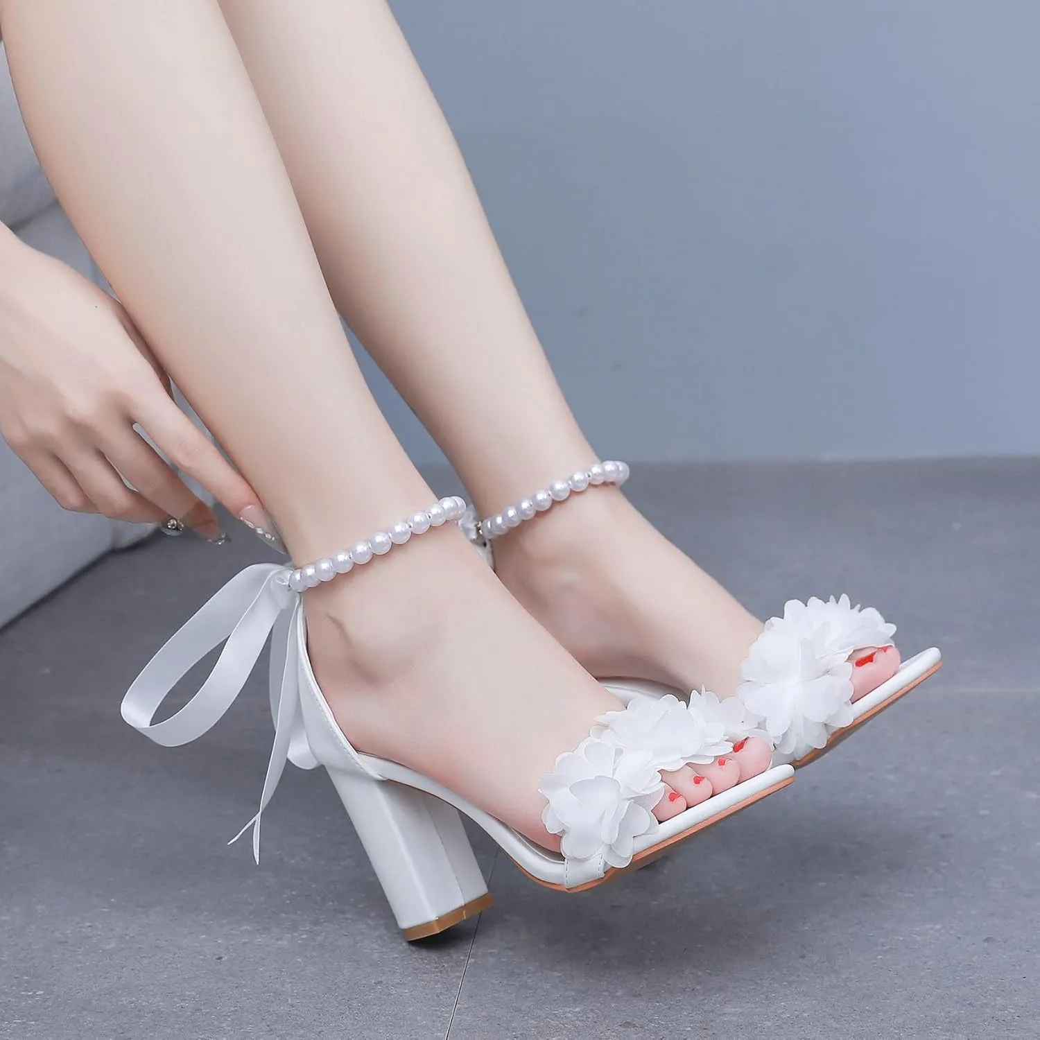 Women's White Bridal Sandals with Pearls and Floral Applique, High Block Heels