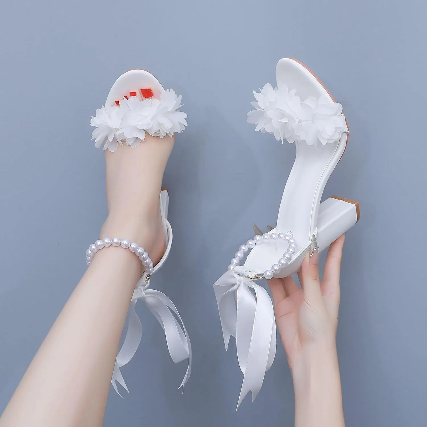 Women's White Bridal Sandals with Pearls and Floral Applique, High Block Heels