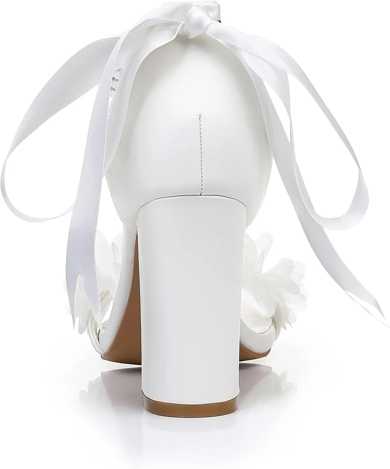 Women's White Bridal Sandals with Pearls and Floral Applique, High Block Heels