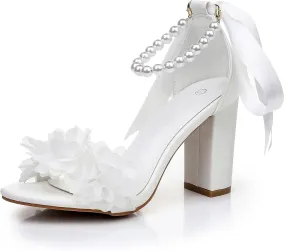 Women's White Bridal Sandals with Pearls and Floral Applique, High Block Heels