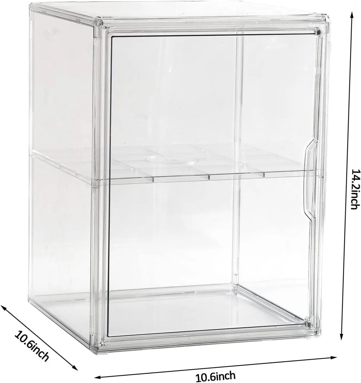 X-Large 2 Tiers 14.2"X10.6"X8" Acrylic Display Case with 1 Division Board, Clear Organizer Box Plastic Holder with Magnetic Door for Loungefly Backpack, Handbags, Purses, Boots