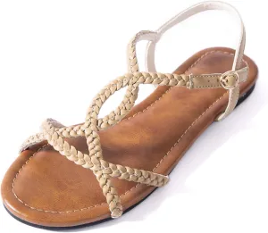 YANWENFANG Women's Strappy Flat Sandals, Adjustable Ankle Strap Gladiator Style, Summer Beach Casual Roman Gladiator Boho Beach Vacation Vintage Leather