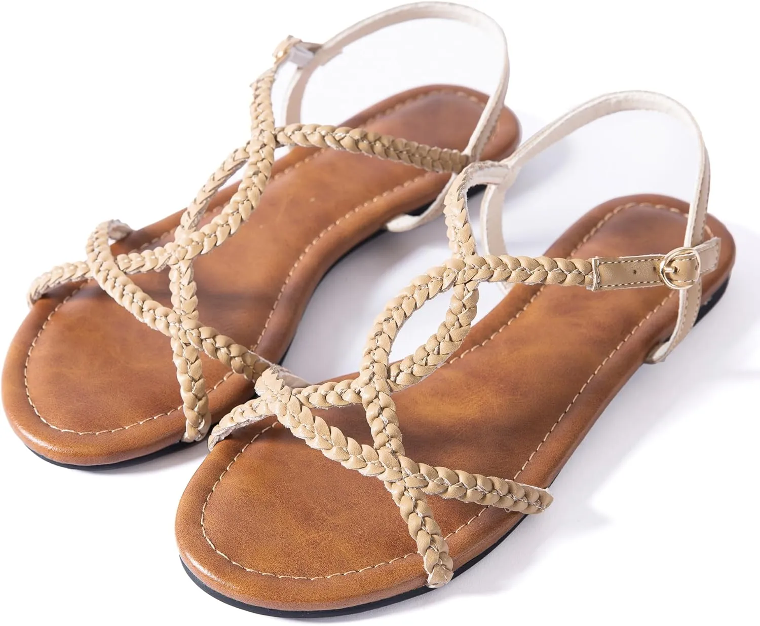 YANWENFANG Women's Strappy Flat Sandals, Adjustable Ankle Strap Gladiator Style, Summer Beach Casual Roman Gladiator Boho Beach Vacation Vintage Leather