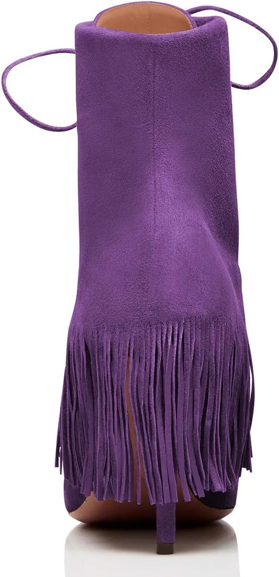 YDN Women Bohemian Fringed Stiletto High Heels Ankle Boots Pointed Toe Lace Up Booties with Tassels