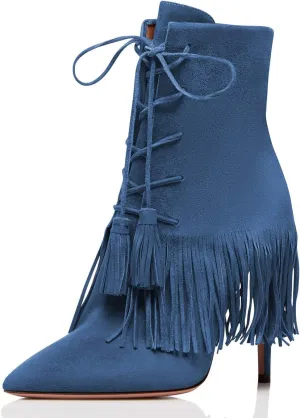 YDN Women Bohemian Fringed Stiletto High Heels Ankle Boots Pointed Toe Lace Up Booties with Tassels