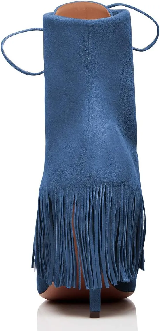 YDN Women Bohemian Fringed Stiletto High Heels Ankle Boots Pointed Toe Lace Up Booties with Tassels