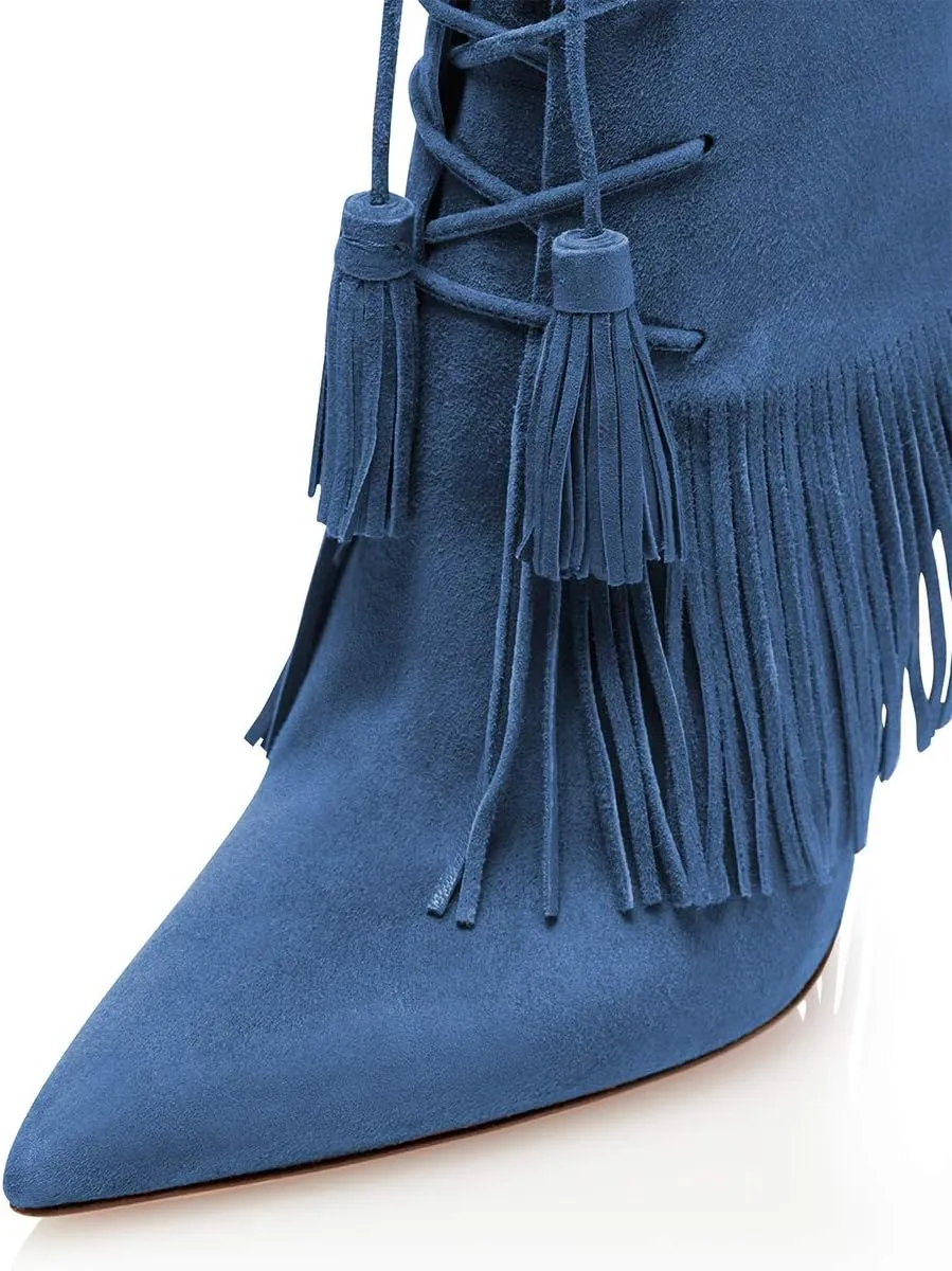 YDN Women Bohemian Fringed Stiletto High Heels Ankle Boots Pointed Toe Lace Up Booties with Tassels