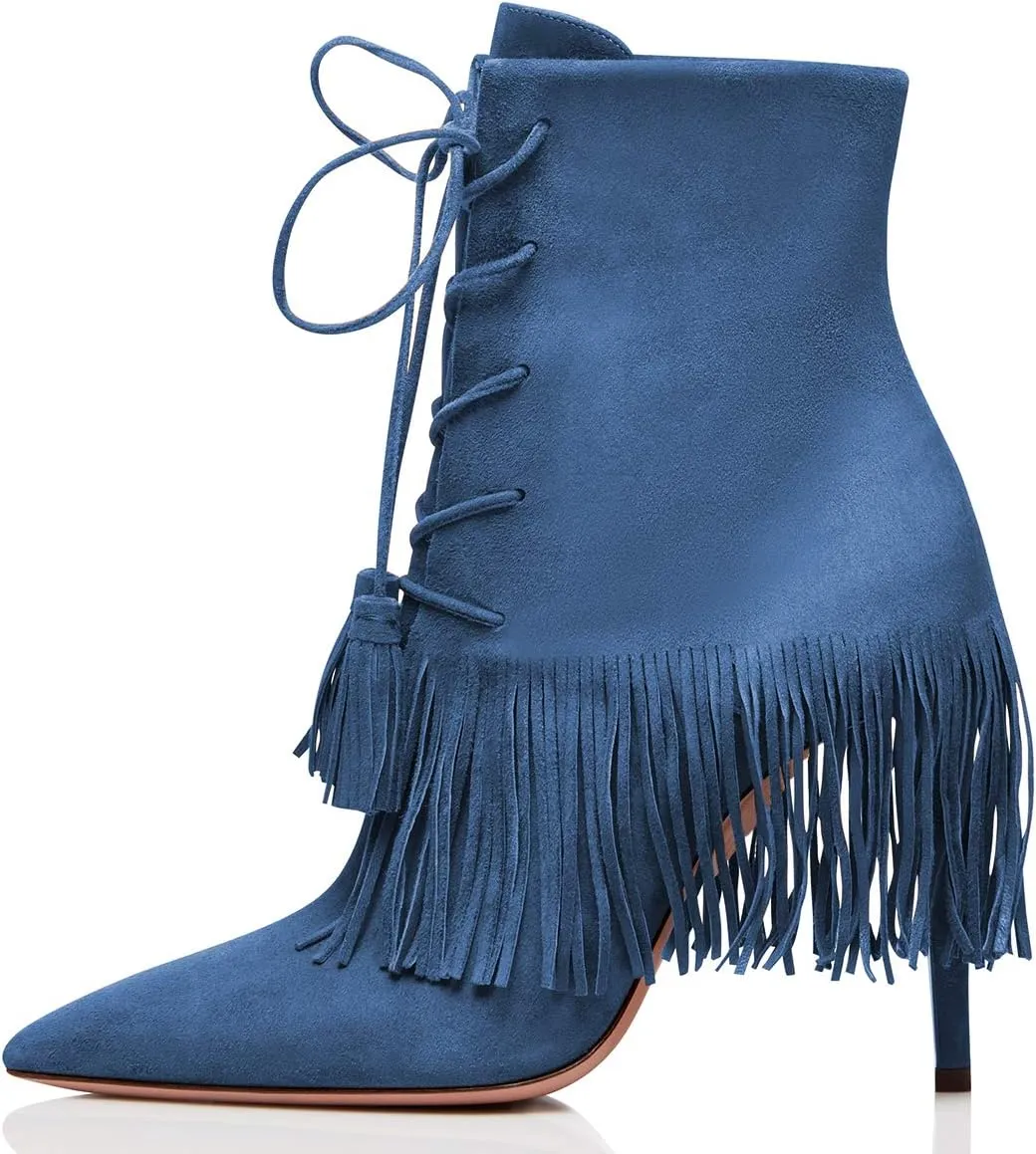 YDN Women Bohemian Fringed Stiletto High Heels Ankle Boots Pointed Toe Lace Up Booties with Tassels