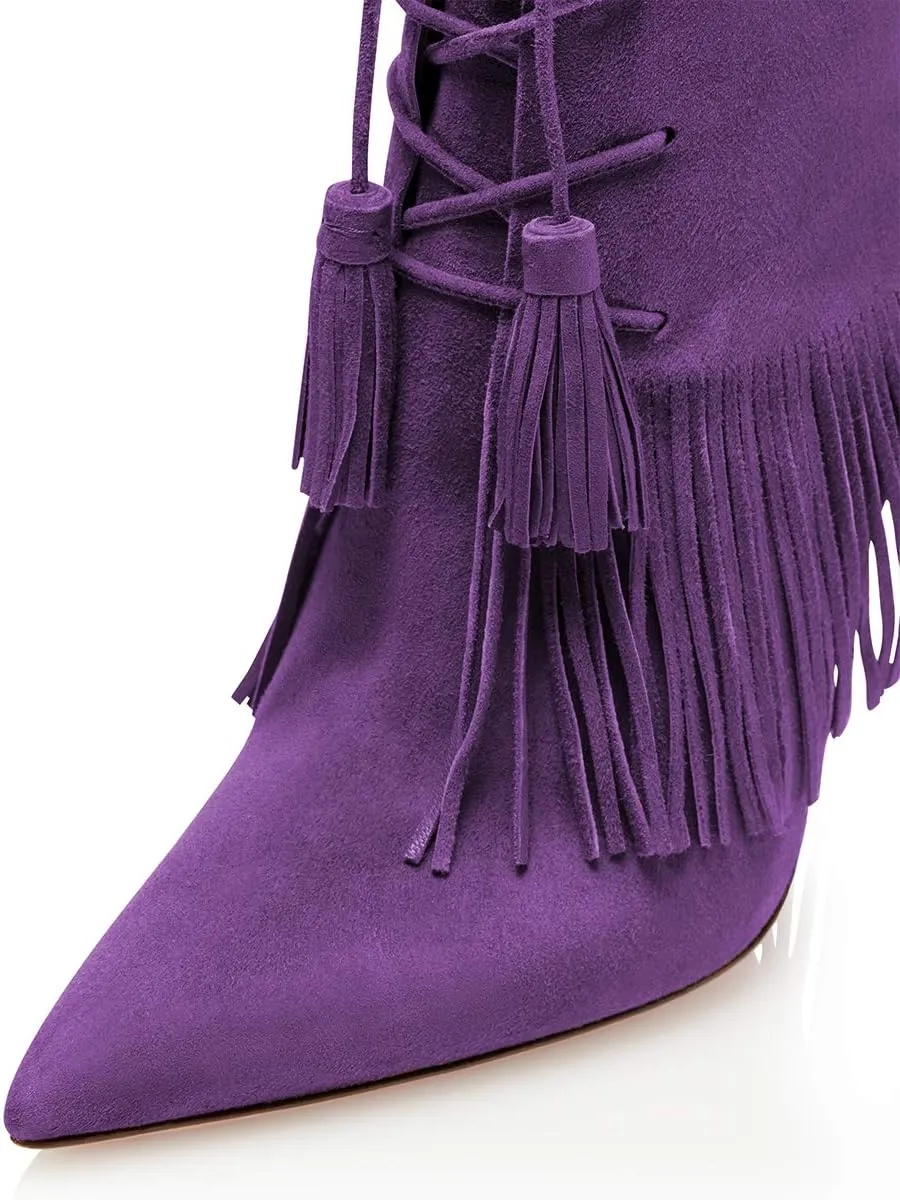 YDN Women Bohemian Fringed Stiletto High Heels Ankle Boots Pointed Toe Lace Up Booties with Tassels
