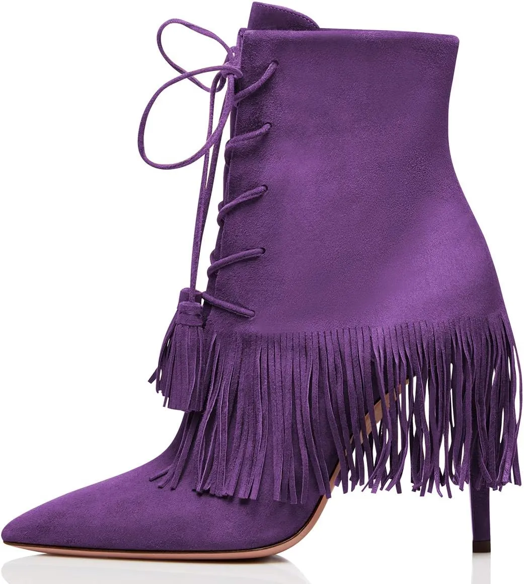 YDN Women Bohemian Fringed Stiletto High Heels Ankle Boots Pointed Toe Lace Up Booties with Tassels