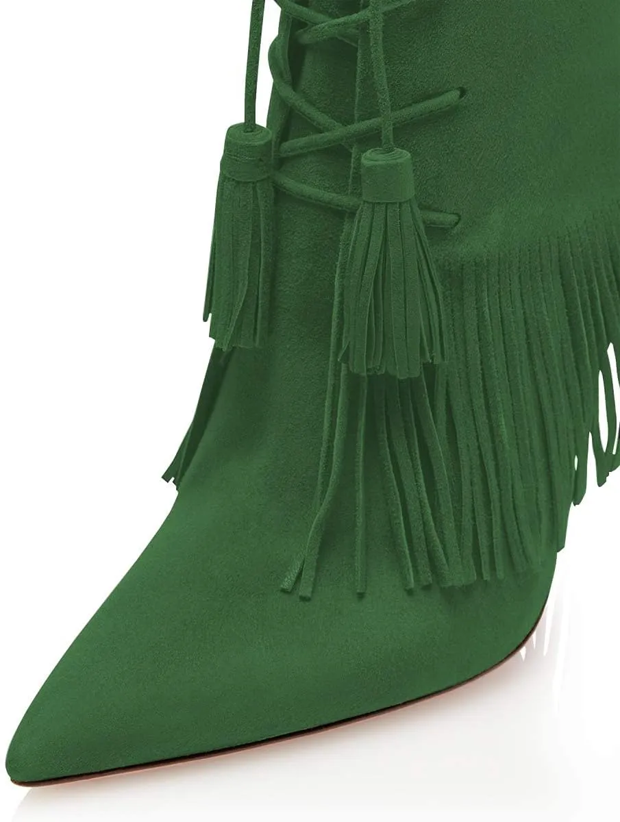 YDN Women Bohemian Fringed Stiletto High Heels Ankle Boots Pointed Toe Lace Up Booties with Tassels