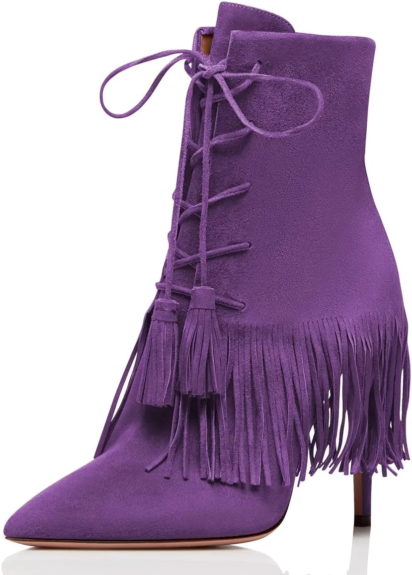 YDN Women Bohemian Fringed Stiletto High Heels Ankle Boots Pointed Toe Lace Up Booties with Tassels