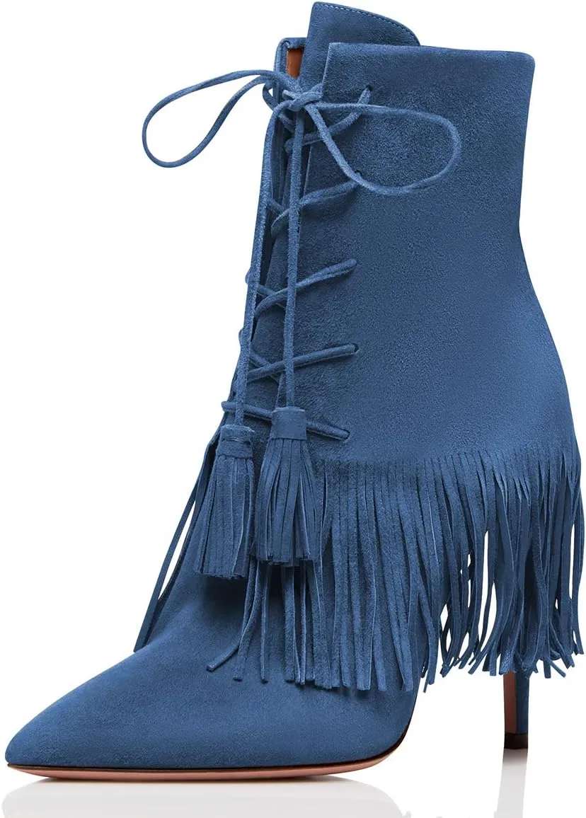 YDN Women Bohemian Fringed Stiletto High Heels Ankle Boots Pointed Toe Lace Up Booties with Tassels