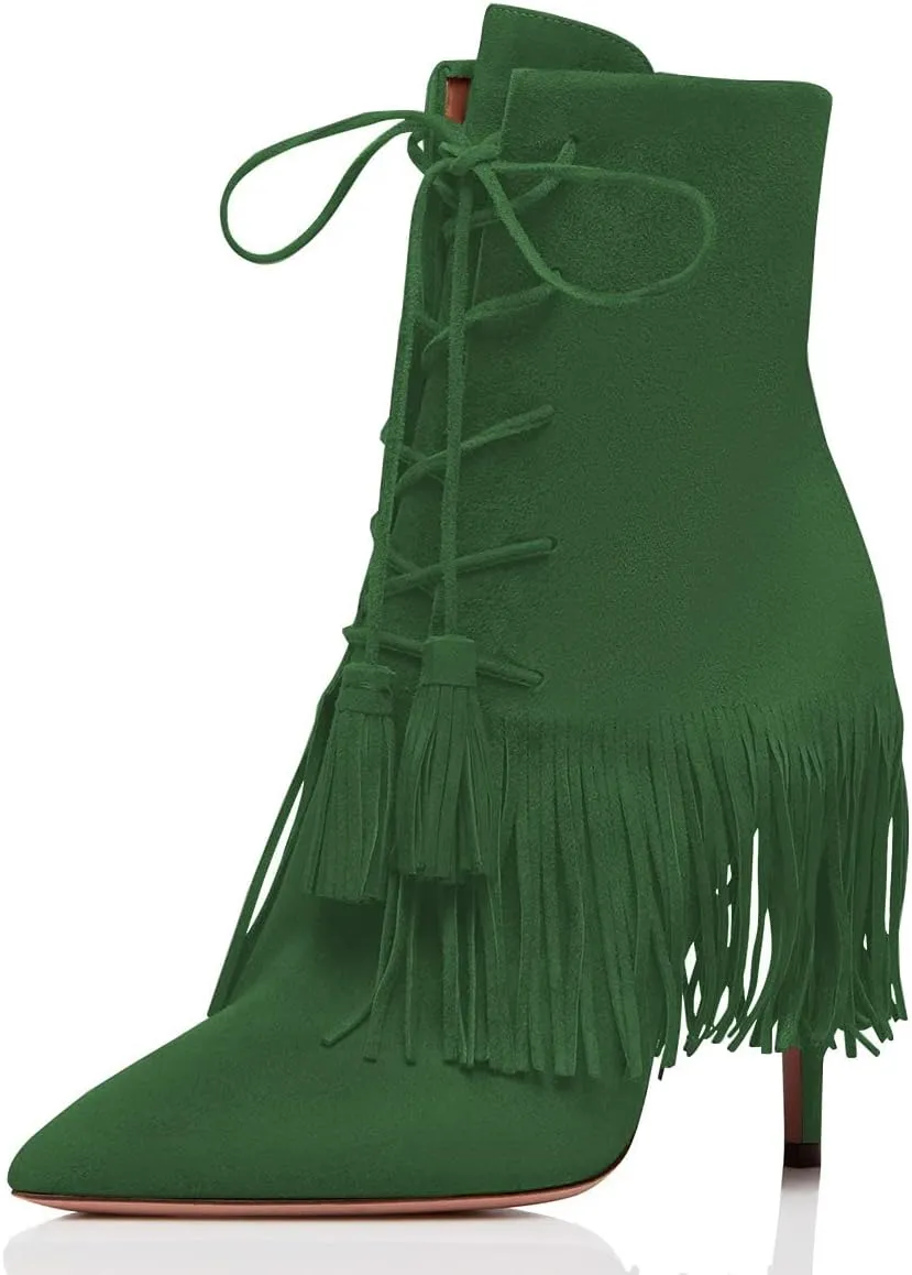 YDN Women Bohemian Fringed Stiletto High Heels Ankle Boots Pointed Toe Lace Up Booties with Tassels