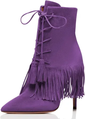 YDN Women Bohemian Fringed Stiletto High Heels Ankle Boots Pointed Toe Lace Up Booties with Tassels
