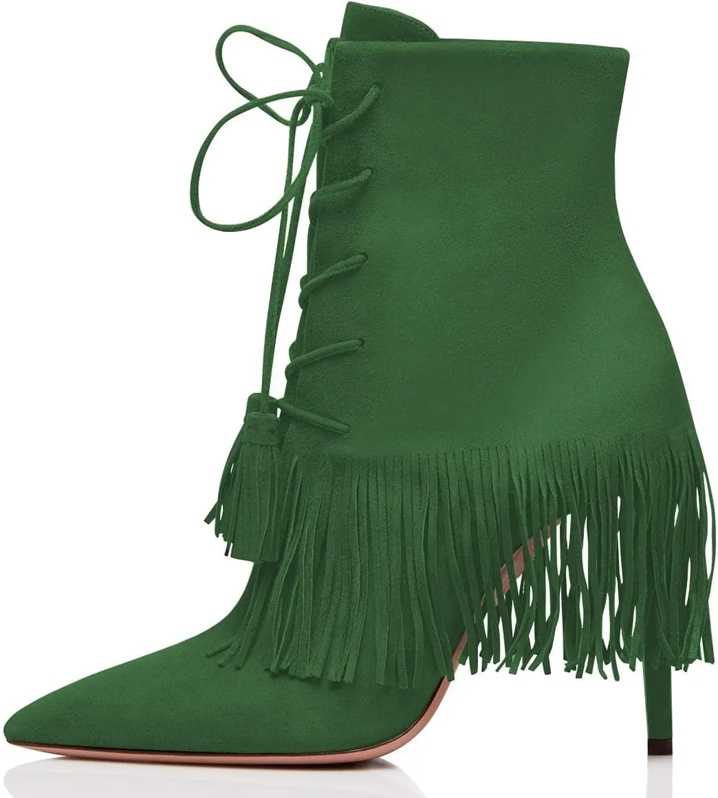 YDN Women Bohemian Fringed Stiletto High Heels Ankle Boots Pointed Toe Lace Up Booties with Tassels