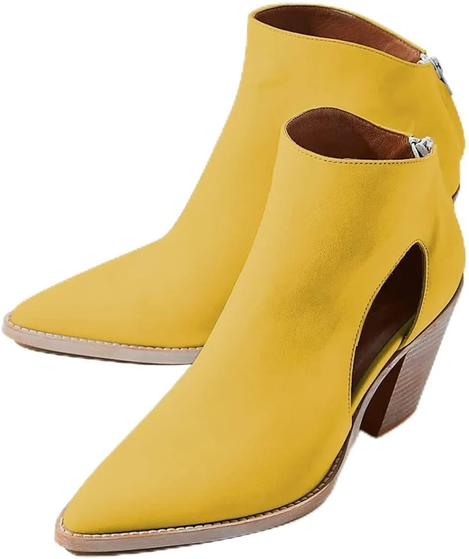 YDN Women Pointed Toe Ankle Boots Chunky Mid Heel Booties Cutout Hole Back Zipper Comfy Shoes Size 4-15 US