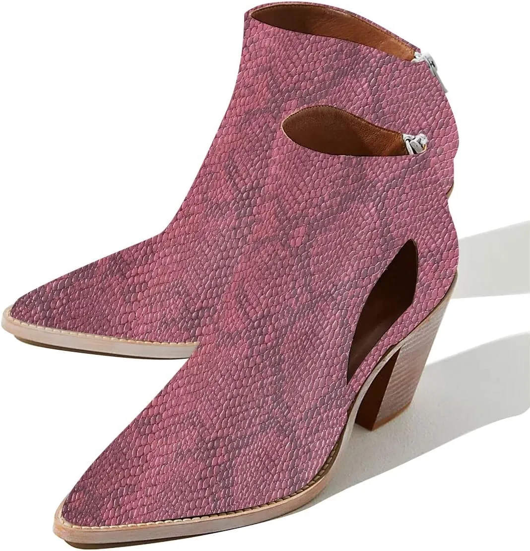 YDN Women Pointed Toe Ankle Boots Chunky Mid Heel Booties Cutout Hole Back Zipper Comfy Shoes Size 4-15 US