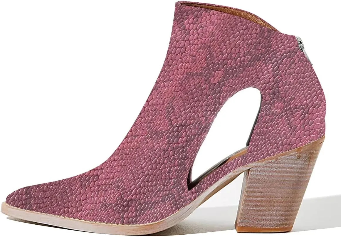 YDN Women Pointed Toe Ankle Boots Chunky Mid Heel Booties Cutout Hole Back Zipper Comfy Shoes Size 4-15 US