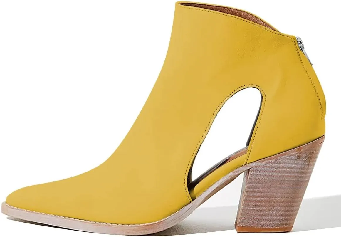 YDN Women Pointed Toe Ankle Boots Chunky Mid Heel Booties Cutout Hole Back Zipper Comfy Shoes Size 4-15 US