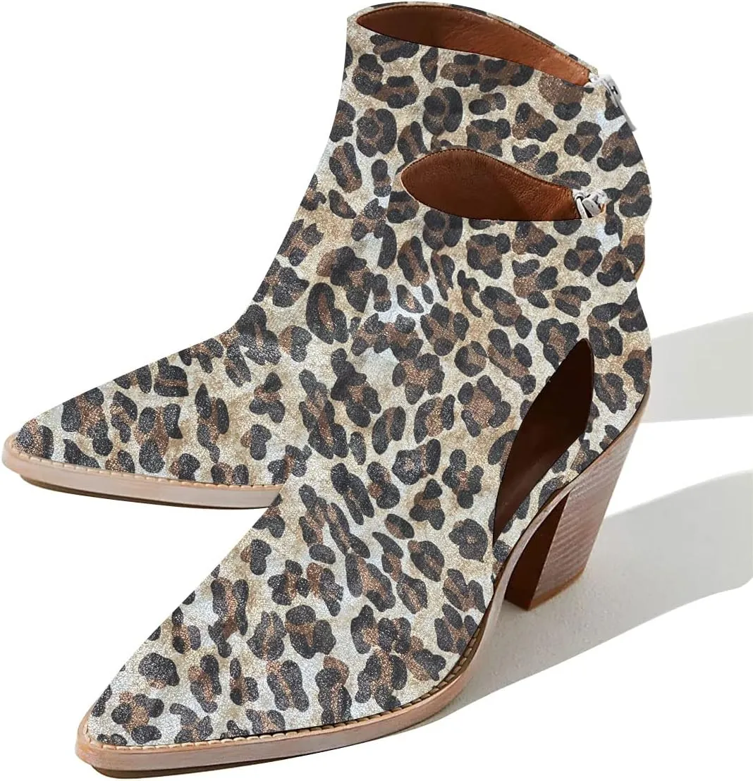 YDN Women Pointed Toe Ankle Boots Chunky Mid Heel Booties Cutout Hole Back Zipper Comfy Shoes Size 4-15 US