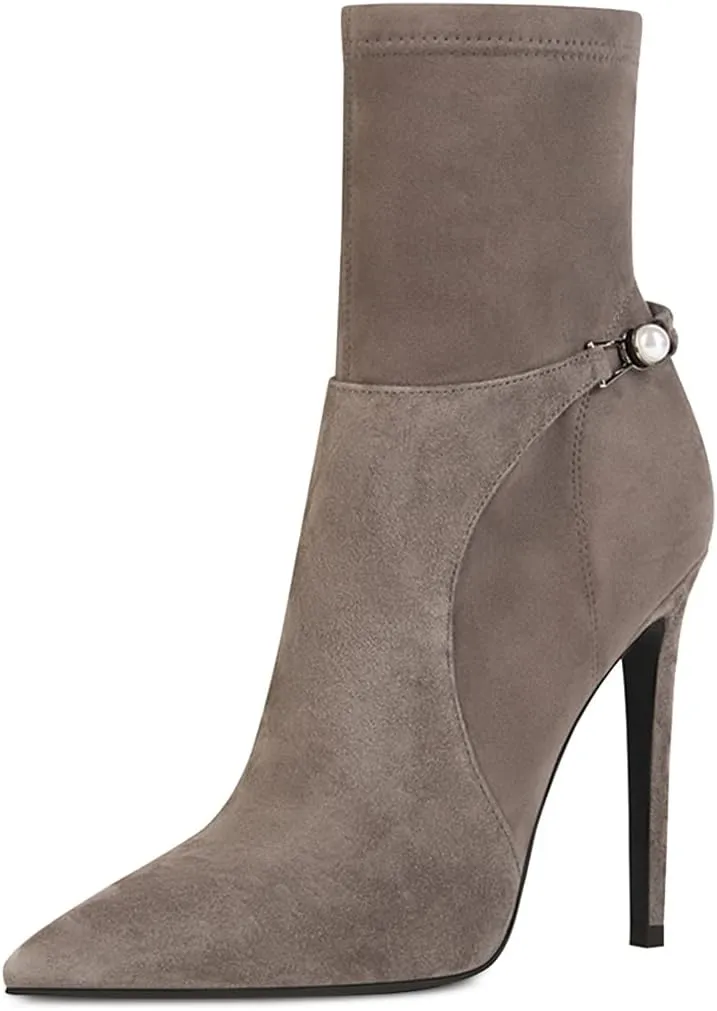 YDN Women Sexy Closed Pointed Toe Stretchy Suede Mid Calf Ankle Boots Stiletto High Heel Pearl Buckled Booties Formal Outfit Shoes Size 4-15 US