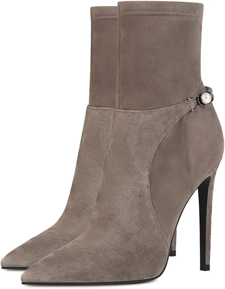 YDN Women Sexy Closed Pointed Toe Stretchy Suede Mid Calf Ankle Boots Stiletto High Heel Pearl Buckled Booties Formal Outfit Shoes Size 4-15 US