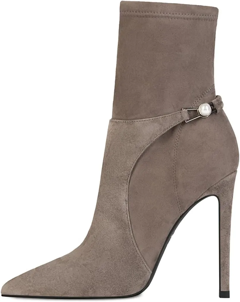 YDN Women Sexy Closed Pointed Toe Stretchy Suede Mid Calf Ankle Boots Stiletto High Heel Pearl Buckled Booties Formal Outfit Shoes Size 4-15 US
