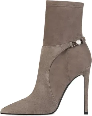 YDN Women Sexy Closed Pointed Toe Stretchy Suede Mid Calf Ankle Boots Stiletto High Heel Pearl Buckled Booties Formal Outfit Shoes Size 4-15 US