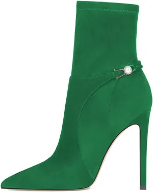 YDN Women Sexy Closed Pointed Toe Stretchy Suede Mid Calf Ankle Boots Stiletto High Heel Pearl Buckled Booties Formal Outfit Shoes Size 4-15 US
