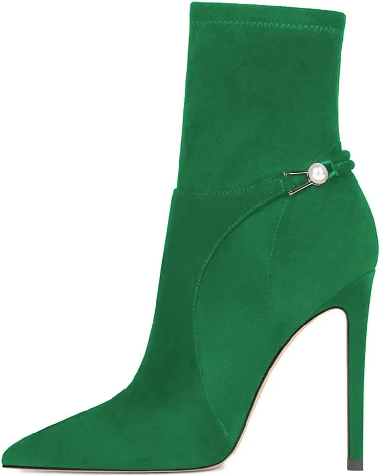 YDN Women Sexy Closed Pointed Toe Stretchy Suede Mid Calf Ankle Boots Stiletto High Heel Pearl Buckled Booties Formal Outfit Shoes Size 4-15 US