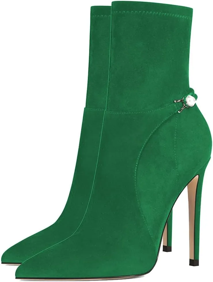 YDN Women Sexy Closed Pointed Toe Stretchy Suede Mid Calf Ankle Boots Stiletto High Heel Pearl Buckled Booties Formal Outfit Shoes Size 4-15 US