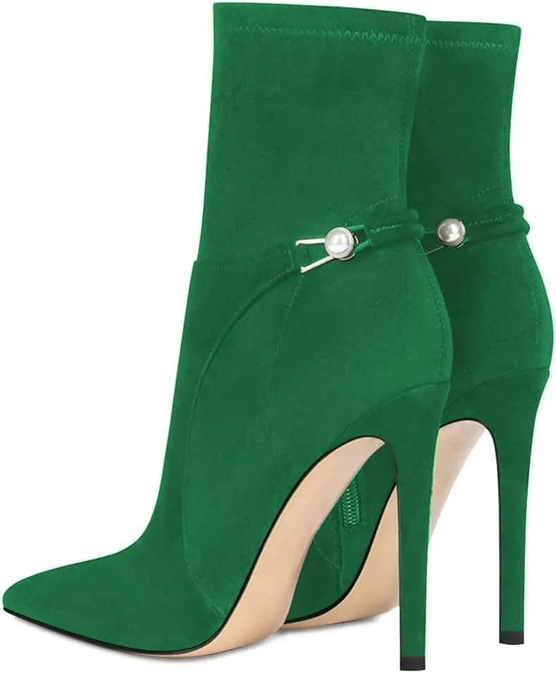 YDN Women Sexy Closed Pointed Toe Stretchy Suede Mid Calf Ankle Boots Stiletto High Heel Pearl Buckled Booties Formal Outfit Shoes Size 4-15 US