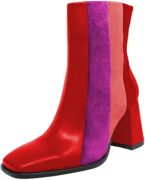 YDN Women Square Toe Ankle Boots Block High Heel Booties Fashion Contrast Stitching Party Evening Shoes Size 4-15 US