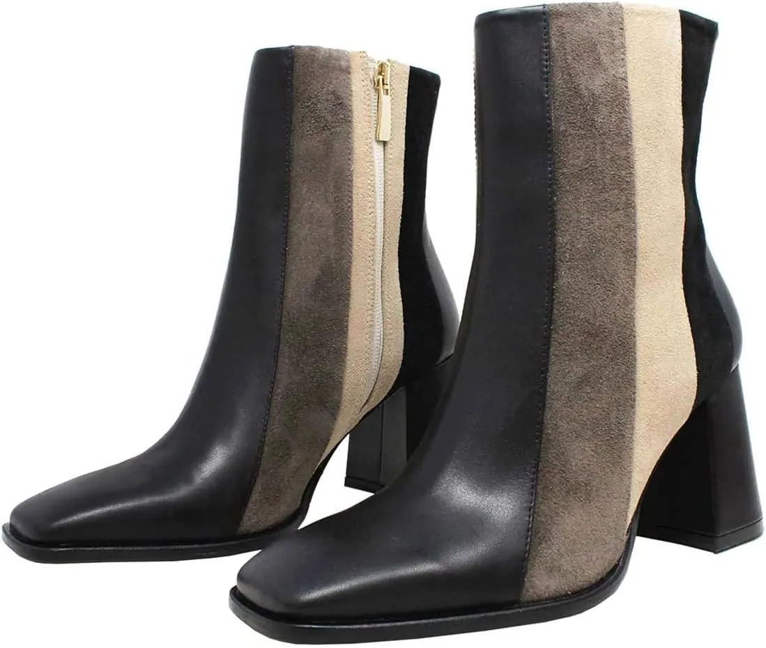 YDN Women Square Toe Ankle Boots Block High Heel Booties Fashion Contrast Stitching Party Evening Shoes Size 4-15 US