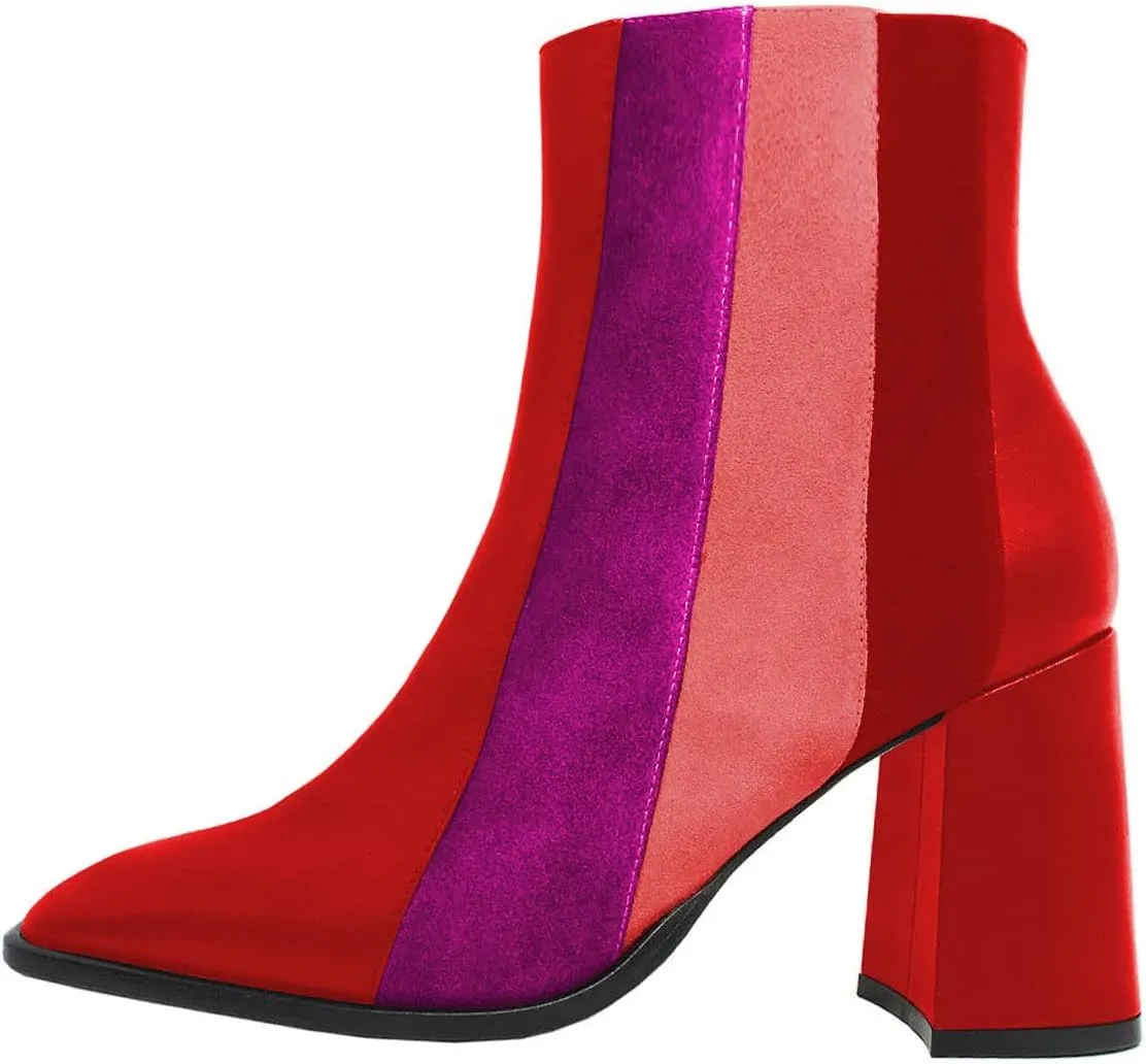 YDN Women Square Toe Ankle Boots Block High Heel Booties Fashion Contrast Stitching Party Evening Shoes Size 4-15 US